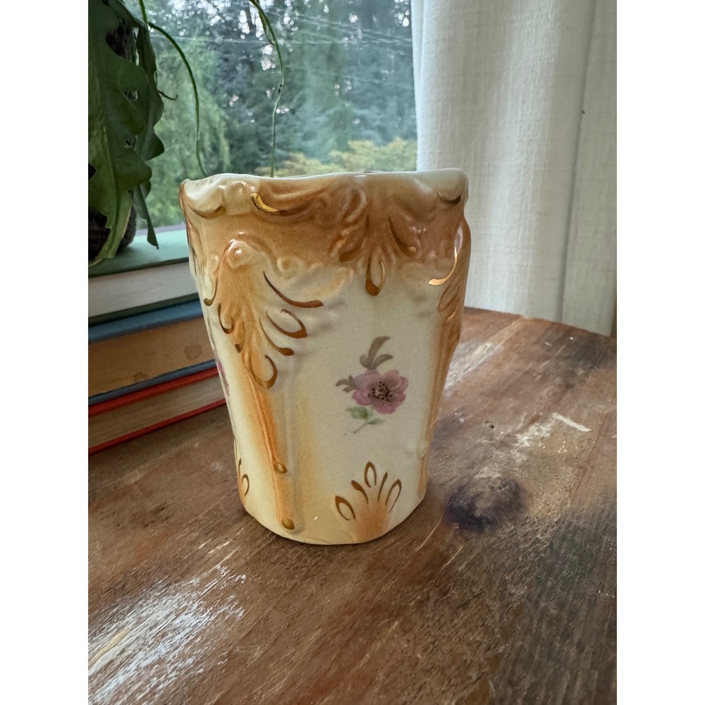 Vintage Floral Ceramic Vase Scalloped Gold Gilt Embossed Scrollwork Tan Cream